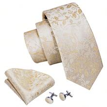 Set de 4 piezas para hombre con corbata, pañuelo de bolsillo, gemelos y pinza de corbata con diseño de hojas, accesorios formales para traje de boda y negocios, regalo - Champán - Ver 2