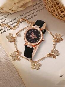 Bộ 2 chiếc đồng hồ thạch anh thời trang dành cho nữ, dây da tối giản, thiết kế dây đeo hình bướm, đồng hồ phong cách dành cho sinh viên. - Một cỡ - Xem 6