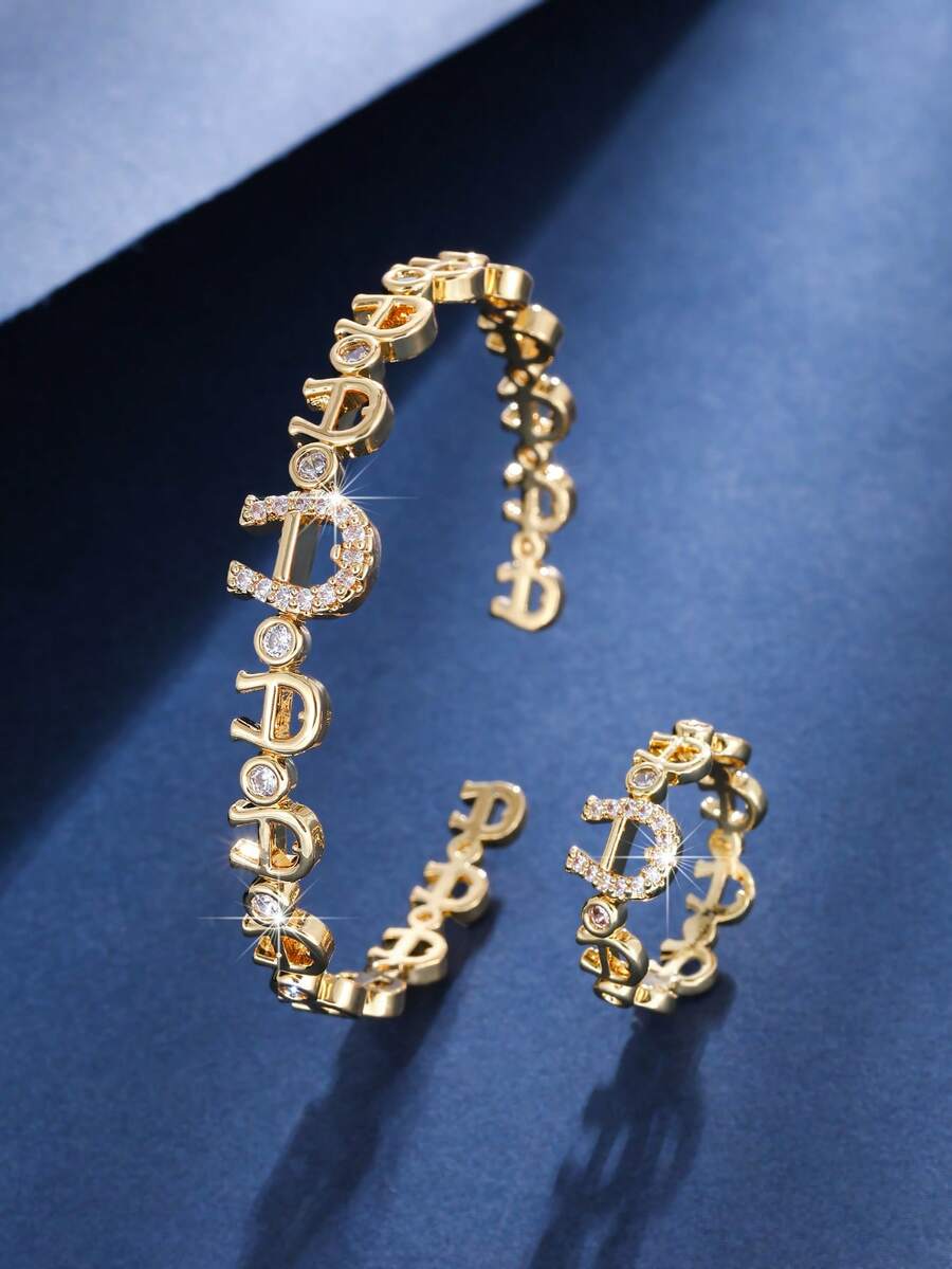 2pcs/Set High Quality Cubic Zirconia Copper 18K Gold Plated Elegant Multi-Diamond Honeycomb Bracelet & Ring Set, Gift For Women - Multicolor - View 1