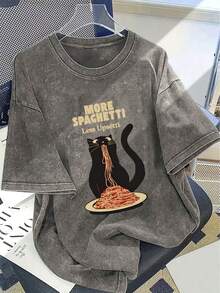 Cotton T Shirts Women2026Y2K Elegant Women's Pure Cotton Washed Short Sleeve T-Shirt With Creative Exquisite Pattern Of A Black Cat Eating Spaghetti M - Orca Coatings-灰色 - 查看 12