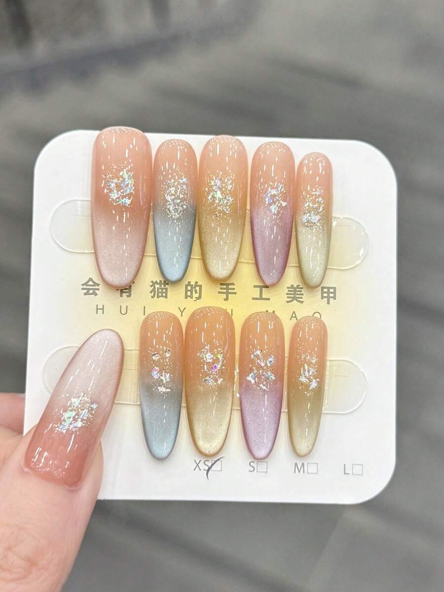 10pcs/Set Press On Nail Tips, Spring Macaron, Lively, New Spring And Summer Style, Dazzling, Multi Color, Cat's Eye, Handcrafted Nail Tips For Beautiful Manicure. - Multicolor - View 1