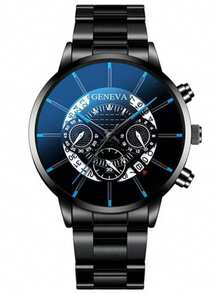 4 pièces/set Bracelet de montre en acier inoxydable minimaliste pour hommes d'affaires, montre à quartz mode avec calendrier, cadran rond, ensemble d'accessoires élégants, convient pour les déplacements quotidiens, meilleur cadeau d'anniversaire - Noir - Voir 4