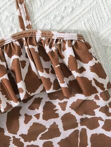 Baby Girls' Leopard Print One-Piece Swimsuit Set, Including Swimsuit And Swim Cap. The Spaghetti Strap Neckline Is Decorated With Matching Ruffle Trim, Adding A And Fitting The Well. Suitable For Wearing In The Pool Or At The Beach. - Brown - View 5