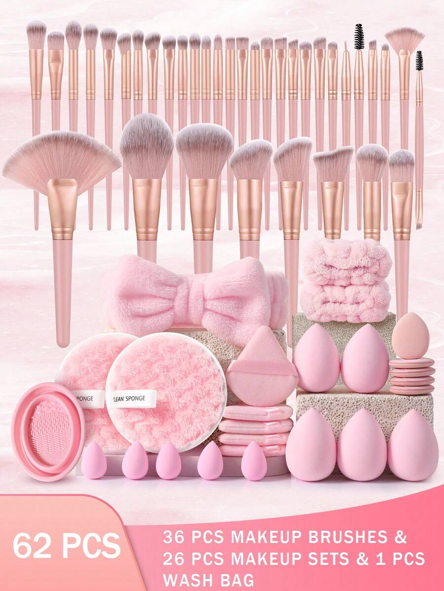 62件套化妆工具套装，包含：36支化妆刷套装+1个发带+2个手碗带+2个洁面海绵+5个三角粉扑+5个化妆海绵+5个迷你气垫粉扑+5个迷你化妆海绵+1个化妆刷清洁工具，一应俱全，新手友好 | 方便旅行携带，送礼佳品 | 新手/女性的完美之选 - 淺粉色 - 查看 1