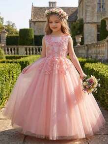 Flower Girls Tulle Lace Princess Pageant Festival Bridesmaid Carnival Floor Long Prom Dance Formal Evening Maxi Dresses - Coral Pink - View 3