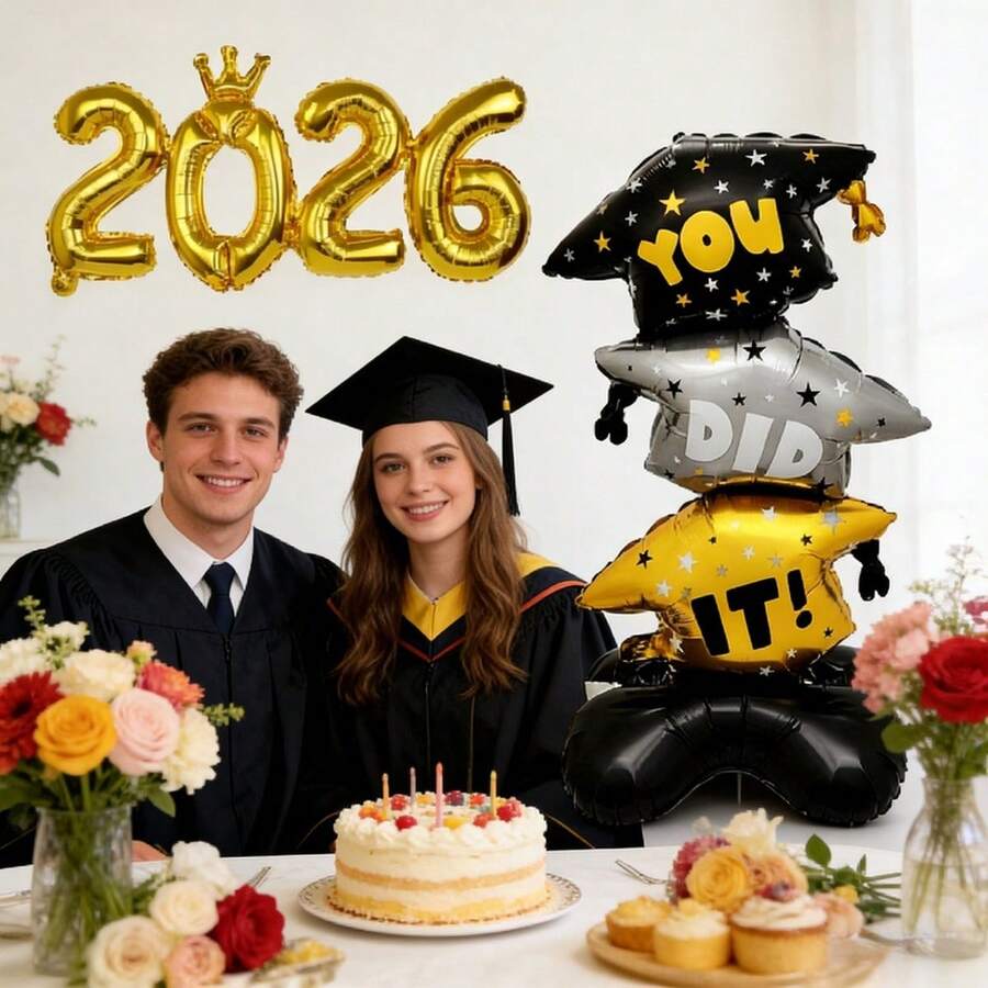 4pcs 2026+ Jumbo Graduation Cap Balloon Stand Set (Includes Straw + Ribbon), Suitable For Campus Graduation Ceremony, Graduation Celebration Decor, Indoor/Outdoor Graduation Party Photo Backdrop, Graduation Season Theme Balloon Decor - Graduation Season + 2026 - View 1