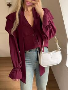 Women's Casual Ruffle Trim Blouse Top For Summer - Purple - View 3