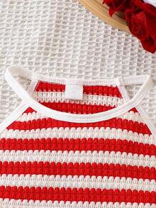 Mädchen 2-teiliges Set in Rot und Weiß gestreift, geripptes Stretch-Strick-Tanktop & Shorts mit elastischem Bund, atmungsaktiv und bequem, perfekt für den Sommer, den Strand - Rot - Übersicht 4