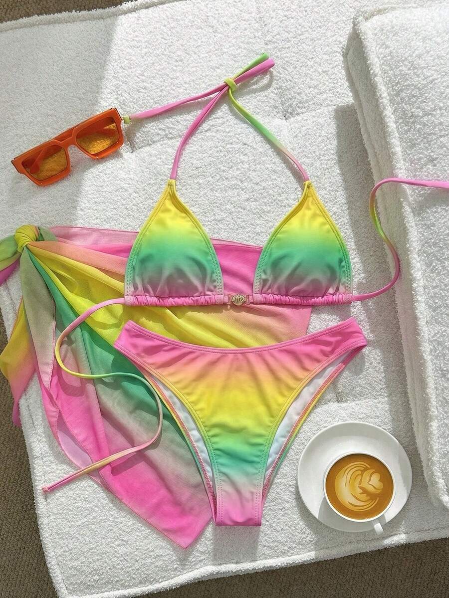 Lucky Girl 夏季女士沙滩度假多色渐变印花图案金属贝壳装饰系腰三角裙三件套泳装 - 粉 - 查看 1