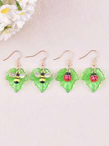 1 Pair Cute Countryside Style Leaf, Insect, Ladybug & Bee Dangle Earrings, Party Jewelry Accessories For Women - Multicolor - View 3