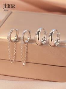 Hihho 2 Pairs Luxury Chain Tassel Hoop Earrings & Wide Minimalist Earrings Set, Dual-Wear Design, Chic And Elegant For Party, Work And More Occasions - Earrings Set - View 4