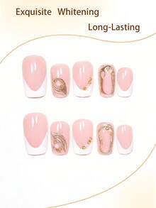 Bộ 24 miếng dán móng tay thanh lịch và sang trọng với các họa tiết sọc, ngọc trai, sọc vàng, và lớp phủ bóng hồng, phù hợp cho các buổi hẹn hò, tiệc tùng, và sử dụng hàng ngày vào mùa xuân/hè, thu/đông. Bộ móng giả dán có thể tháo rời bao gồm gel dẻo và dũa, dễ sử dụng và bền. Gel dẻo được giao ngẫu nhiên. - Nhiều màu - Xem 3