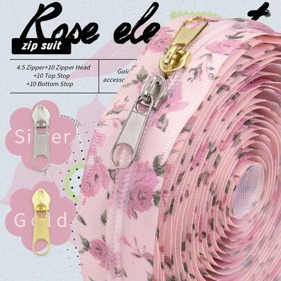 Dây kéo dài 5 yard/177,16 inch + 10 đầu kéo + 20 chốt chặn trên + 10 chốt chặn dưới, dây kéo hoa nylon số 5, màu hồng nhạt, phụ kiện màu vàng nhạt hoặc bạc, thích hợp cho quần áo thủ công, túi xách, v.v.