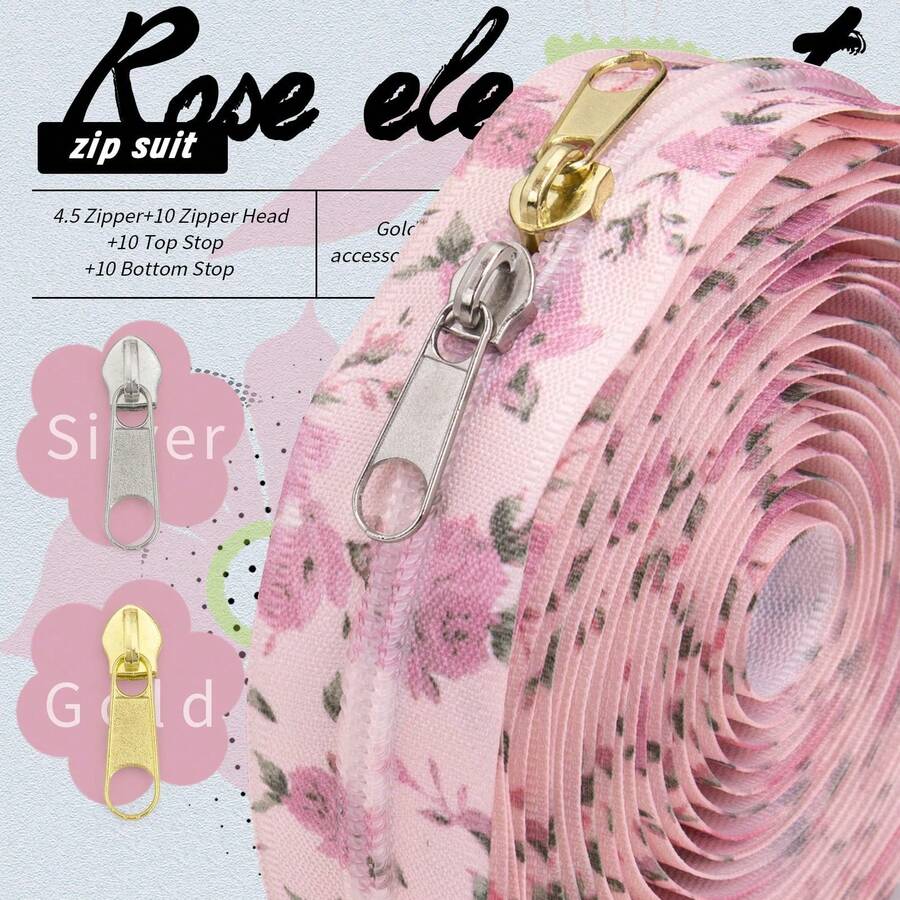 Dây kéo dài 5 yard/177,16 inch + 10 đầu kéo + 20 chốt chặn trên + 10 chốt chặn dưới, dây kéo hoa nylon số 5, màu hồng nhạt, phụ kiện màu vàng nhạt hoặc bạc, thích hợp cho quần áo thủ công, túi xách, v.v. - 5# Hoa hồng màu hồng nhạt - Xem 1