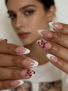 24片杏仁形复古酒红色渐变芙蓉花法式美甲贴片，柔和裸色透明长款按压式美甲贴片，可卸式假指甲 - 白色 - 查看 4