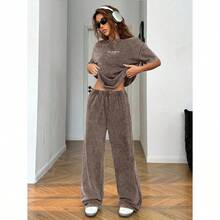 Women's Washed Brown T-Shirt And Pants Two-Piece Casual Set - 棕色 - 查看 5