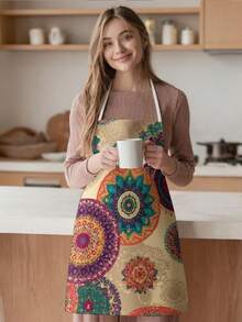 1 pieza, Delantal de poliéster con estampado bohemio, adecuado para cocinar, hornear y jardinería - se puede usar como vestimenta para la cocina y el comedor. - Multicolor - Ver 4