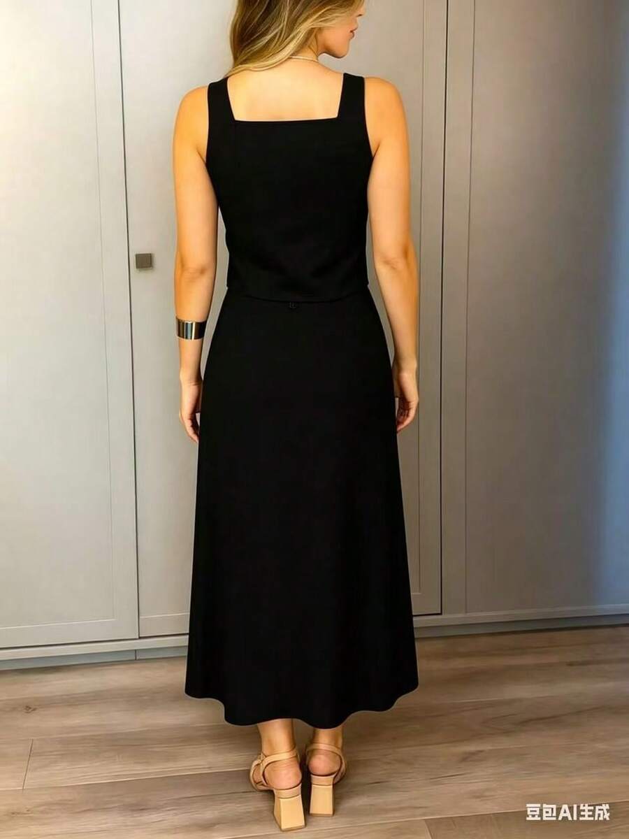Women's Premium Tailored Vest And Midi Skirt Set - Versatile For Work And Events - Negro - Ver 1