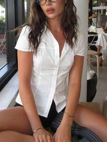 Women's Y2K Elegant Commuter Stretch Button Up Shirt Solid V-Neck Tops, Suitable For Daily Outings, Commuting, Dates, Music Festivals Crease Resistance, Dress Up With Blazer Jacket For Casual Business Office Lady White Summer - 白色 - 查看 1