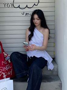 [Y6Y] 女士不对称肩条纹上衣 | 休闲度假风收腰女士上衣 白色夏季 - 白色 - 查看 5