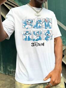Unisex Short Sleeve T-Shirt, Disney Stitch 9-Grid Print Casual T-Shirt, Summer Travel Short Sleeve - trắng - Xem 1