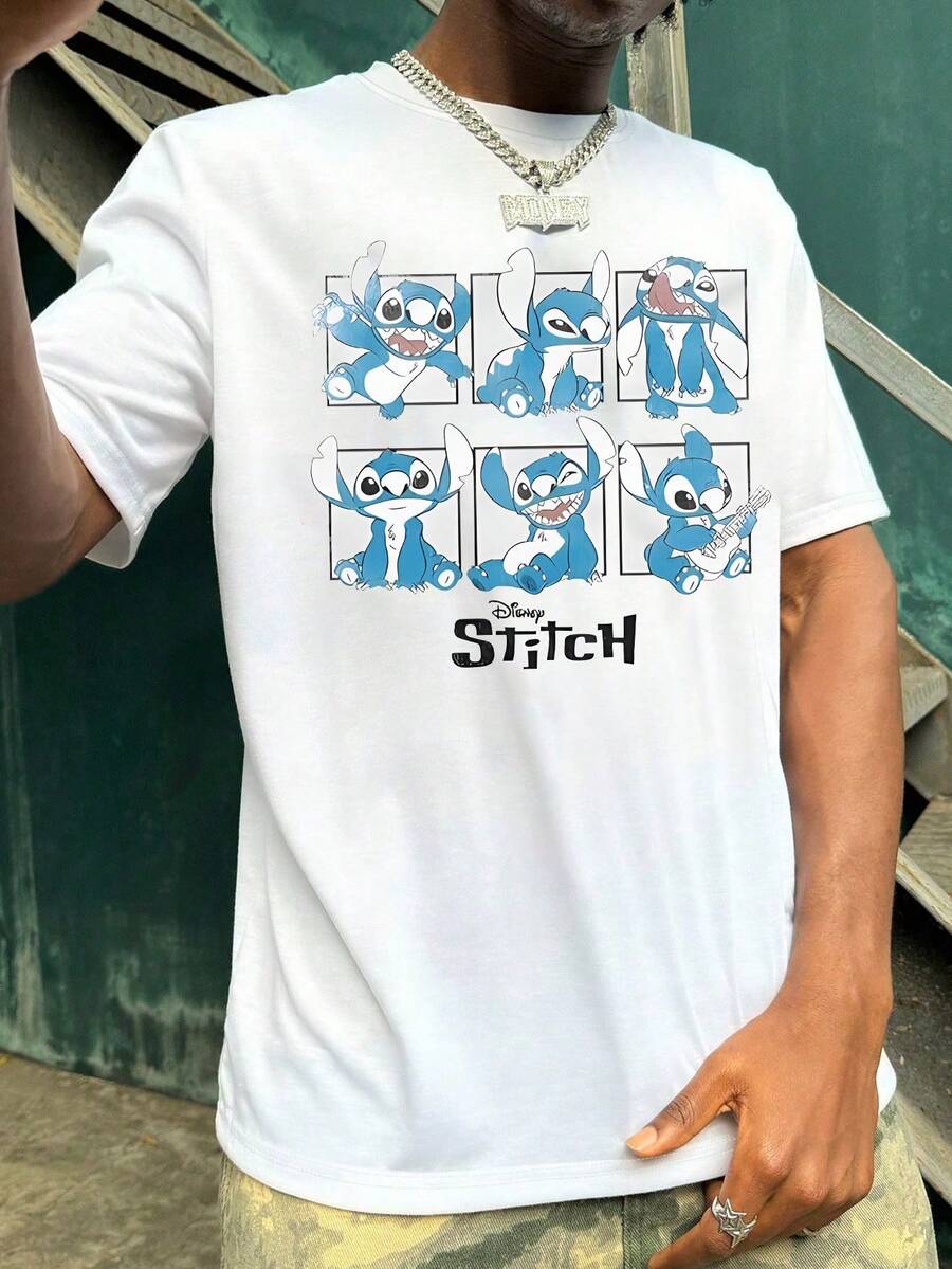 Unisex Short Sleeve T-Shirt, Disney Stitch 9-Grid Print Casual T-Shirt, Summer Travel Short Sleeve - trắng - Xem 1