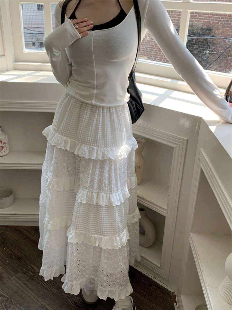 1pc French White Puff Cake Skirt, Delicate Hollow Crochet High Waist A-Line Skirt, Suitable For Women's Resort Wear, Summer Outfit, Collegiate Style,Beach,Wedding - Multicolor - View 1