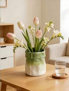 1 pieza Jarrón degradado verde, pieza decorativa exquisita con estilo de madera color crema, adecuado para arreglos florales en la sala de estar, el alféizar de la ventana y la mesa del hogar. Disponible en tamaños grande y pequeño. - La bolsa de papel se vuelve verde gradualmente - Ver 3