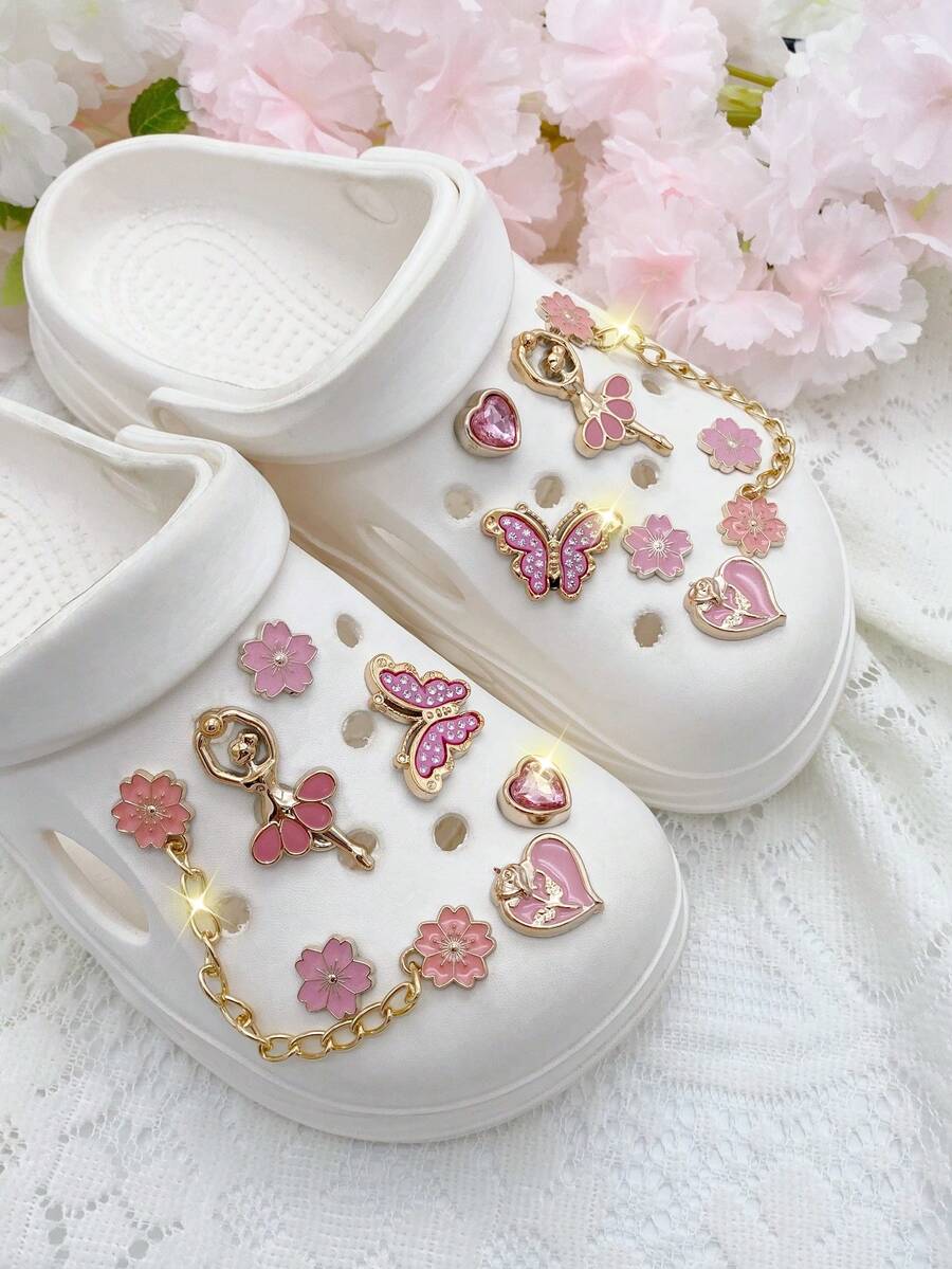 14件套可拆卸花园鞋饰套装，包含蝴蝶、爱心、金色花朵链饰，用途广泛，适用于女士凉鞋、拖鞋、沙滩包，是节日和生日派对的理想礼物。 - 粉色 - 查看 1