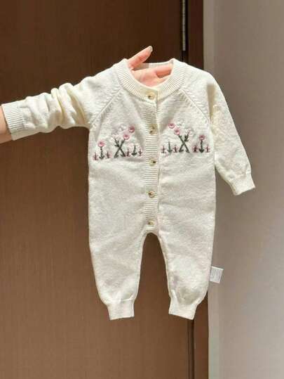 Spring & Autumn New Casual Knitted Romper, Baby Girls & Boys, Heavy Embroidered Floral One-Piece Jumpsuit Infant Outerwear