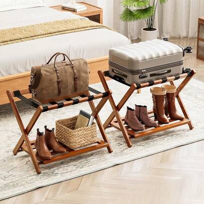 Fully Assembled Luggage Rack 2 Pack, Foldable Suitcase Stand Guest Room, Heavy Duty Folding Luggage Holder With Storage Shelf Bedroom And Hotel, Walnut