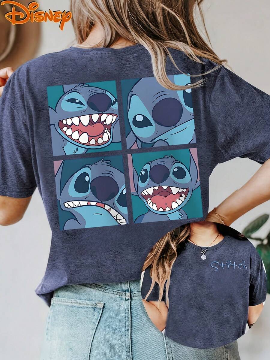 Disney License T Shirts,Disney Stitch Lilo & Stitch 4 Panel Expression Graphic T-Shirt, Women's Oversized Cute Character Print Short Sleeve Tee, Casual Loose Fit Top For Lilo & Stitch Fans, Daily Wear, Disney Trips & Cartoon Themed Outfits ,Camiseta, Summer Outfits For Women, Summer Clothes, Summer Tops, Tops For Women, Festival Outfits, Summer Tops For Women, Mother's Day, Mother's Day Clothing, Gifts For Family And Friends, Spring Outfits For Women, Officially Licensed Disney T-Shirts, Disney Men's And Women's Spring/Summer Fashion Casual Short-Sleeve T-Shirts - 藍色 - 查看 1
