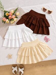 3pcs/Set Girls' Casual Solid Color Layered Skirt With 3D Bow Decor, Suitable For Daily Outings - Coffee Brown - View 2