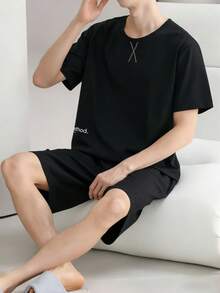 AICJ 男士纯色休闲宽松简约口袋圆领短袖格子短裤睡衣套装（2件套），适合春夏穿着 - 黑色 - 查看 6