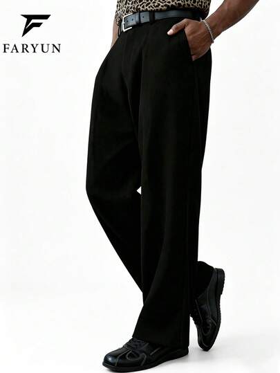 Men's Casual Slim Fit Solid Color Slant Pocket Loose Suit Pants, Versatile Business Formal Trousers, Japanese Korean Fashion