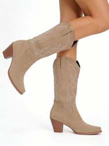 Women's Western Embroidered Boots Chunky Heel Boots Outdoor Fashion Mid Calf Boots Cowboy Boots With Pointed Toe Party Dresesy Comfortable Riding Boots For Women - 卡其色 - 查看 6