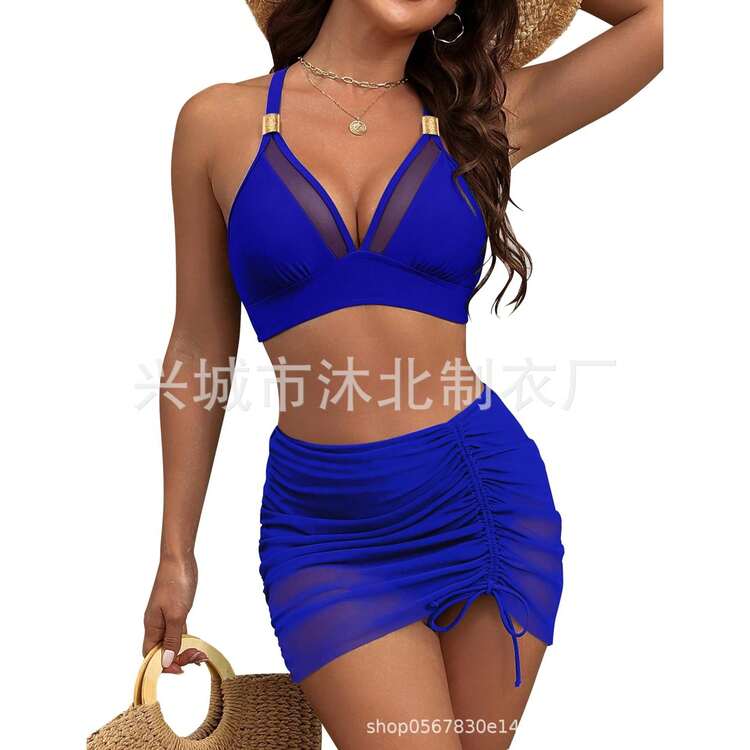 2026 European American Style Solid Color High Waist Mesh Swimwear, Fashion Sexy Bathing Suit - Xanh đậm - Xem 3