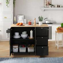 Large Mobile Kitchen Table 135 X 44 (70) X 90 Cm, Oak Countertop, Folding Design, Multifunctional Cabinet, 3 Drawers, Towel Rack, Suitable For Kitchen, Dining Room And Home. - 黑色 - 查看 3