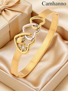 Camhanno 5/1 pieza Conjunto de pulseras de acero inoxidable glamorosas y delicadas, 5 piezas destacadas y apilables con detalles incrustados y motivo LOVE, perfecto para trayectos, noches de fiesta y uso diario, regalo ideal para entusiastas de la moda y seres queridos, se transiciona sin esfuerzo del escritorio a la cena para profesionales ocupados - Dorado - Ver 6