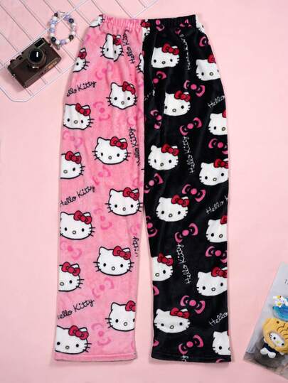  Đồ ngủ flannel Sanrio, quần ngủ nữ hai tông màu dễ thương họa tiết Hello Kitty Sanrio, đồ ngủ thời trang mùa thu in hình hoạt hình KT phối màu đen hồng.