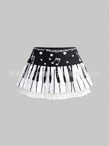 Women's Y2K Punk Vintage Black White Piano Key Polka Dot Lace Tiered Mini Skirt, Japanese Subculture Cake Skirt - Nhiều màu - Xem 1