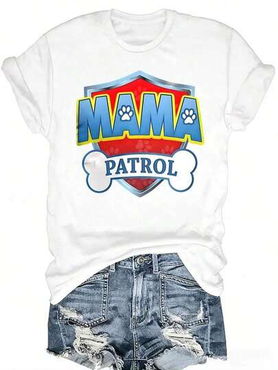 VintageMama Patrol Paw Print Shield Logo Printed Women's Short Sleeved T-Shirt|   Fashionable Casual, Noble Feeling, Comfortable Soft Fabric, Spring/Summer Essential, Breathable Material, Charming Print,Summer Clothes,Festival Outfits For Womensummer Tops