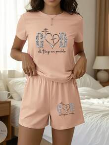 Women's 2PCS "With God All Things Are Possible" Leopard Print Faith Graphic T-Shirt & Shorts Set Multiple Colors Available, Christian Boho Casual Outfit For Summer Daily Wear Loungewear - 沙 - 查看 3