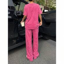 Women's Washed Brown T-Shirt And Pants Two-Piece Casual Set - 玫紅色 - 查看 2