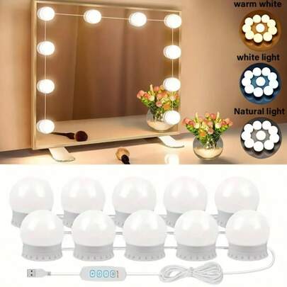 Đèn gương trang điểm, đèn trang điểm kiểu dáng hiện đại, cấp nguồn USB với 3 màu ánh sáng + 10 mức độ sáng, chiều dài có thể điều chỉnh phù hợp với nhiều kích thước gương khác nhau, lý tưởng cho bàn trang điểm, tủ quần áo, trang trí nhà cửa.