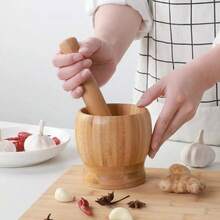 土豆捣碎器、蒜蓉压碎器、竹制研钵和研杵、传统手动蒜蓉研磨器 - 竹色 - 查看 3