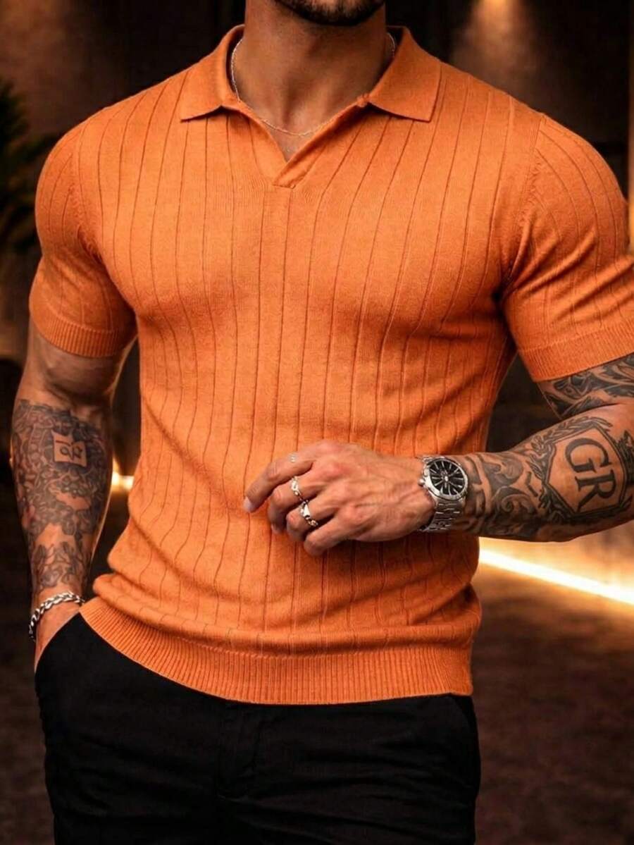 Men's Chic Lightweight Textured Knit Sweater Shirt, High Quality, Perfect For Summer, Spring, Autumn, And Winter, Ideal For Father's Day. - لون برتقالي - مشاهدة 1