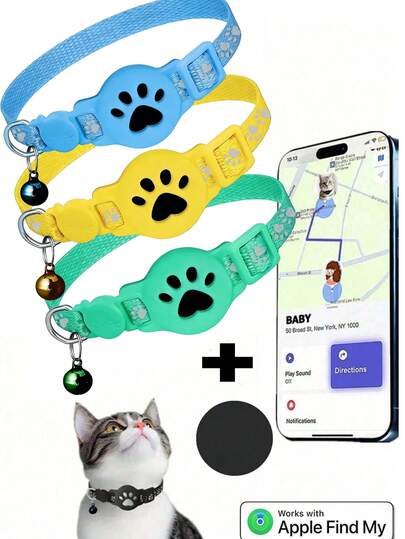 1 pieza Collar reflectante ajustable para gato, collar localizador de mascotas apto para el rastreador Apple Find My, collar reflectante, diseño de estampado animal de 7-9 pulgadas, collar de gato desmontable, no apto para Android