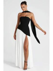 2026 European And American Women's Fashion Strapless Solid Color Slit Dress, Stylish And Sexy Backless High-Slit Long Dress, New Model - 黑與白 - 查看 12