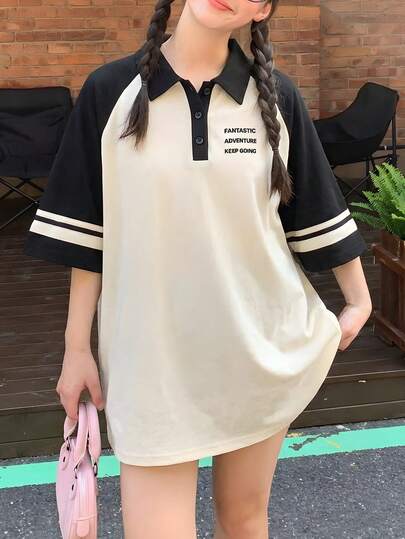 Áo thun polo cổ bẻ nửa khóa kéo in chữ tiếng Anh phối màu JUTUQU mùa hè, kiểu dáng tối giản thời trang cho trang phục lễ hội.